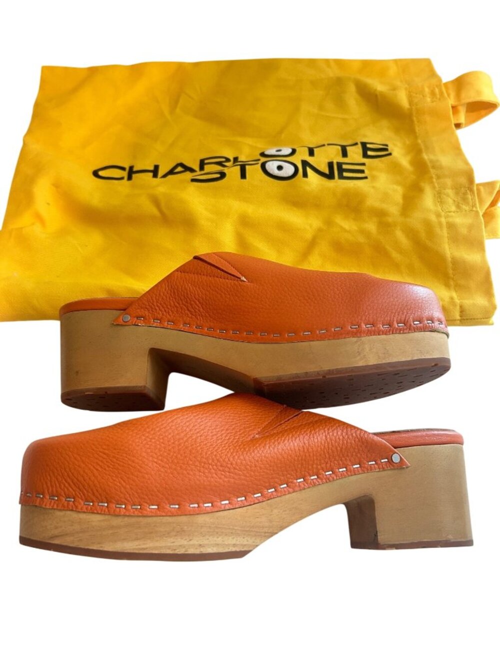 Charlotte Stone Orange Leather Clogs With Wooden Platform Heel Size 9